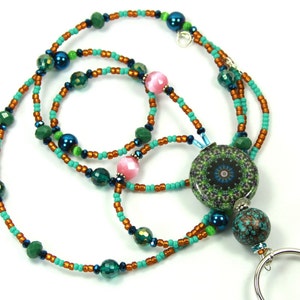 MANDALA - Beaded Badge Holder, Green lanyard, Green Mandala Lanyard, Floral Lanyard, Floral Badge holder