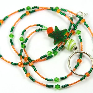 GREEN STAR - Beaded Badge Holder, Beaded Lanyard, Green Lanyard
