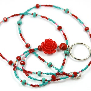 RED ROSE - Beaded Badge Holder, Beaded Lanyard, Rose Lanyard