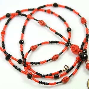 SKULL - Beaded Badge Holder, Halloween Badge Holder, Orange and black Lanyard, Skull Lanyard