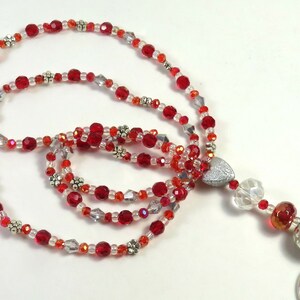 RED beaded badge holder, Red silver badge holder, Long badge holder, handmade lanyard. Sparkly lanyard