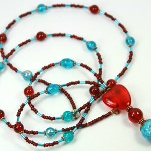 RED HEART - Beaded Badge Holder, Beaded Lanyard, Red Heart Badge Holder, Red and turquoise lanyard