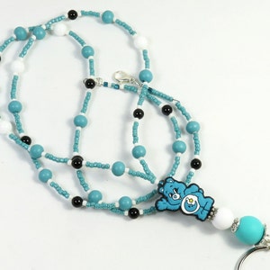 BEAR beaded lanyard, beautiful teal blue white badge holder, blue bear lanyard, handmade gifts