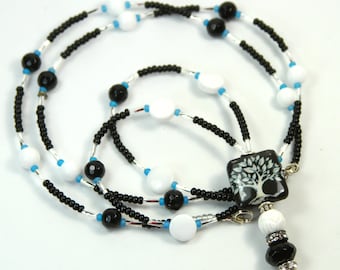 TREE OF LIFE - Beaded badge holder, Beaded lanyard, Tree of life lanyard, Black and white badge holder, Tree badge holder, Life lanyard