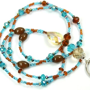 TEAL - Beaded Badge Holder, Beaded Lanyard, Teal and Brown Badge Holder