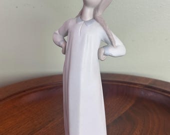 Lladro Girl Stretching Figurine 4872 Matte Porcelain Spain Retired Children in Nightshirts Vintage Collectible