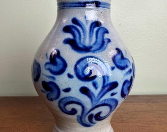 Antique Pennsylvania German Stoneware Pitcher, Cobalt Tulip Folk Art