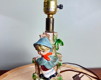 Vintage Chase Japan Ceramic Girl Lamp | Blue Bonnet Cottage Style, Mid-Century Nursery Decor
