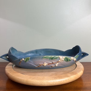 Vintage Roseville Pottery Snowberry Console Bowl Blue 1BL2-12 | 1940s Art Pottery Centerpiece | 14” Two Handle Boat Shape Bowl