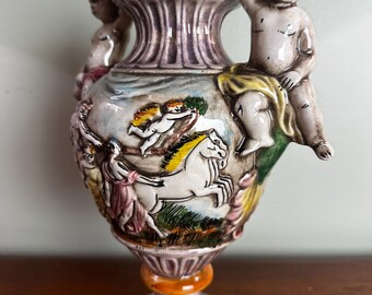 Vintage Italian Capodimonte Urn Vase | Cherub Handles, Mythological Scenes, Mid Century Baroque Decor