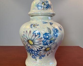 Vintage Iridescent Lusterware Ginger Jar with Lid | Blue Daisy Floral | Gold Finial