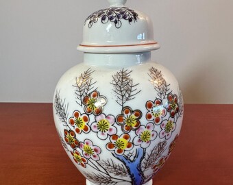 Vintage Chinese Porcelain Ginger Jar | Hand Painted Plum Blossom Wisteria Temple Jar