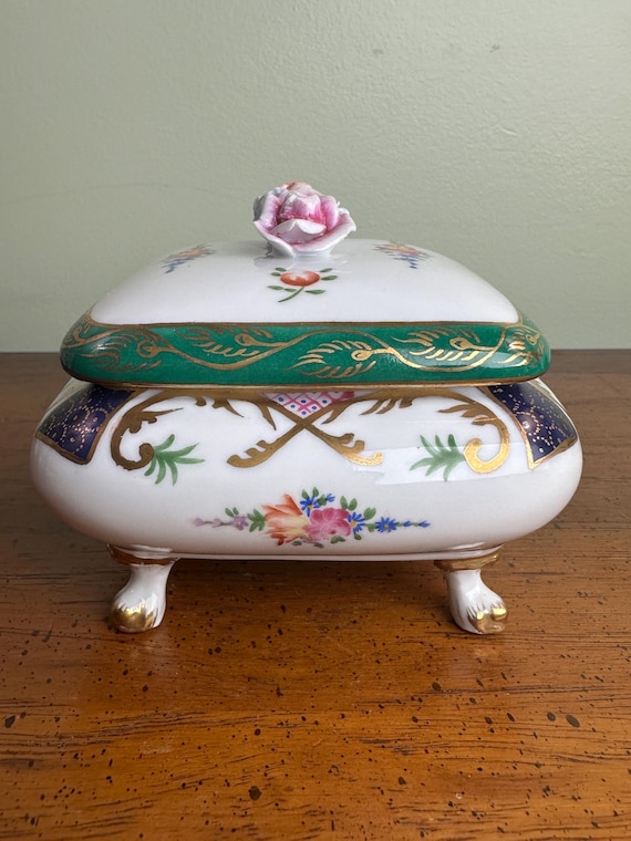 Vintage Royal Europe Porcelain Trinket Box | Footed Floral Jewelry Box
