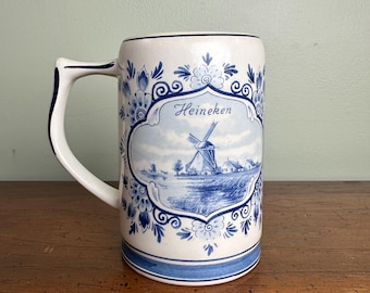 Vintage Heineken Delft Blue Beer Stein | Dutch Windmill & Canal Scenes | Dutch Stoneware