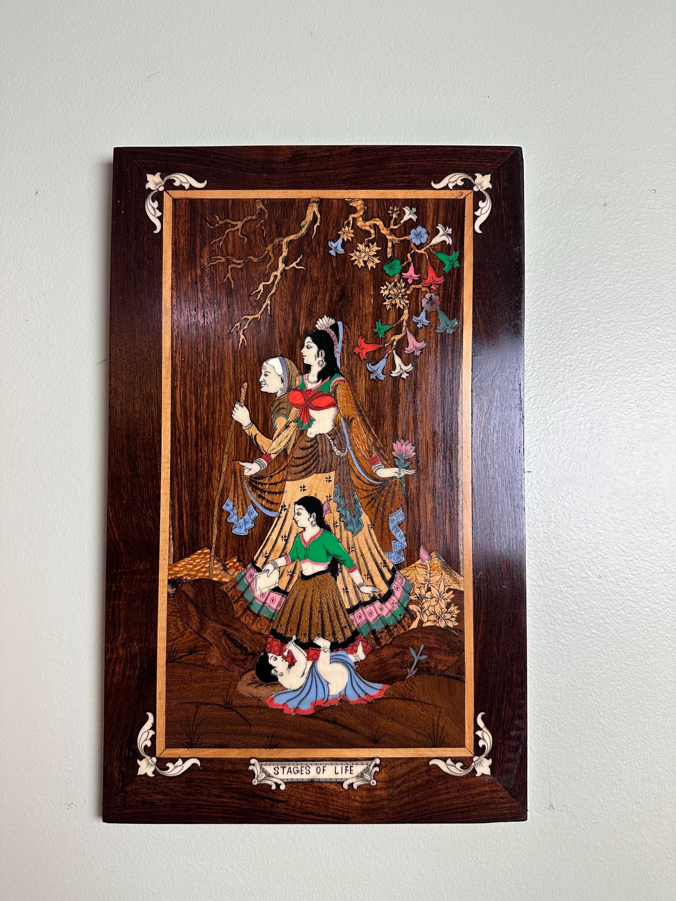 Vintage Indian Inlaid Wood Wall Panel "Stages of Life" - Rosewood Marquetry Art, Handcrafted Mosaic