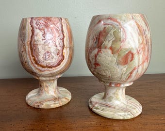 Vintage Onyx Stone Goblets – Pair of Carved Marble Chalices