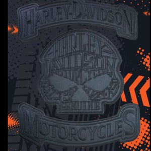 Puede incluir: Parches Harley-Davidson de cuero negro. El parche superior dice "HARLEY-DAVIDSON". El parche central tiene forma de calavera y dice "HARLEY-DAVIDSON MOTORCYCLES GENUINE". El parche inferior dice "MOTORCYCLES". Fondo naranja y negro.