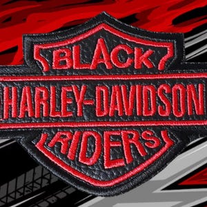 Red and black "Black Rider" patches for motorcycle jackets.