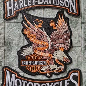 Peut inclure: Un ensemble de trois écussons brodés comprenant un grand emblème central d'aigle avec des détails orange et blancs, le texte RIDE FREE et le logo Harley-Davidson Motor Cycles. Deux écussons incurvés affichent le texte HARLEY-DAVIDSON et MOTORCYCLES.