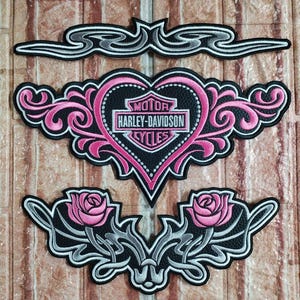 Women's biker patches with hearts and roses for sewing onto the back of a jacket (3 pieces)