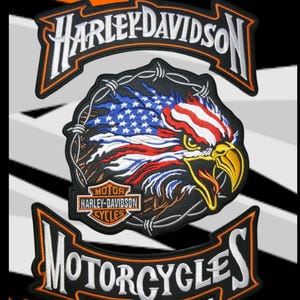 Puede incluir: Parche bordado de Harley-Davidson con un diseño de águila de la bandera estadounidense. El parche incluye las palabras "HARLEY-DAVIDSON" y "MOTORCYCLES" en letras blancas con detalles en naranja y negro. La cabeza del águila es amarilla y roja.