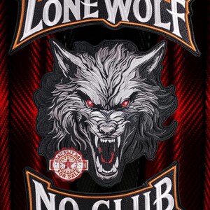 May include: A three-piece embroidered patch set featuring a central snarling wolf head with red eyes, flanked by top and bottom rockers. The top rocker reads LONE WOLF and the bottom reads NO CLUB in white lettering with orange borders.