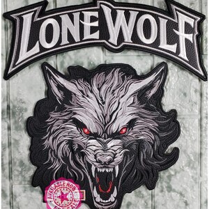 Lone Wolf / "No Club" Biker-märkesset (2 delar): Rockers och Varghuvud (för fastsömning) för ryggen