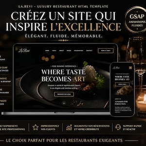 May include: A website template design for luxury restaurants, featuring a laptop and smartphone displaying a website interface. The design is black and gold, with text in French. The template is responsive and includes animations.
