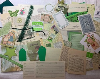 50 Piece GREEN Junk Journal grab bag, mystery kit, ephemera supplies,