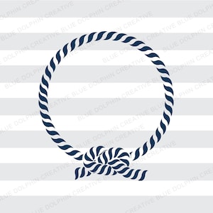 May include: A blue rope circle with a knot at the bottom. The rope is twisted and has a nautical theme.