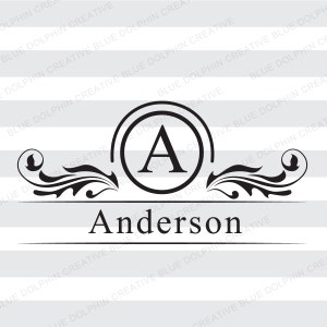 May include: A black and white monogram design with a circle containing the letter "A" and the word "Anderson" below. The design features decorative flourishes on either side of the circle.