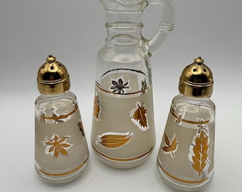Anchor Hocking Starlyte Salt and Pepper Shakers, Cruet NO Stopper, Frosted Gold Leaf