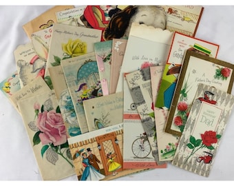 Lot de cartes de voeux, 25 cartes, utilisées, éphémères vintage, fête des mères, anniversaire, papa, nouveau bébé, grand-mère