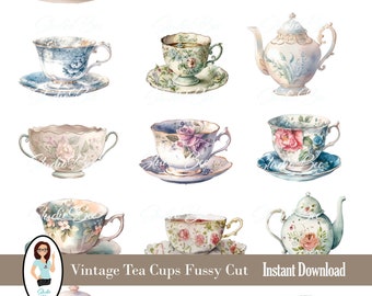 Coupes difficiles de tasse de thé, éphémères Junk Journal, scrapbook, style vintage, feuille de collage, imprimable, clip art, journal de thé, éphémères de journal