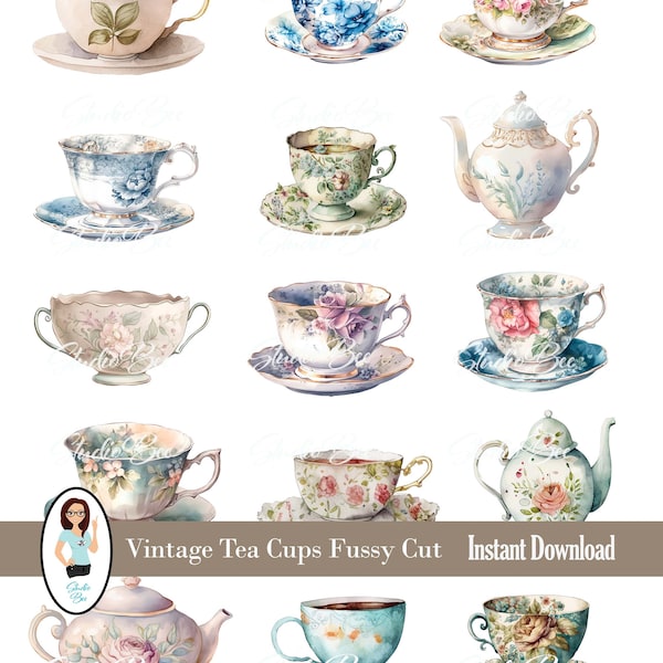 Tea Cup fussy cuts, Junk Journal ephemera, scrapbook, vintage style, collage sheet, printable, clip art, tea journal, journal ephemera