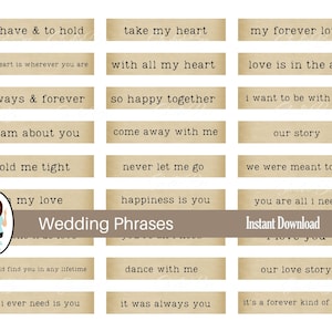 Frases de amor para casamento | fonte de máquina de escrever | Imprimível | Jornal Lixo | Frases do diário | Revista efêmera | etiquetas de palavras | frases de casamento