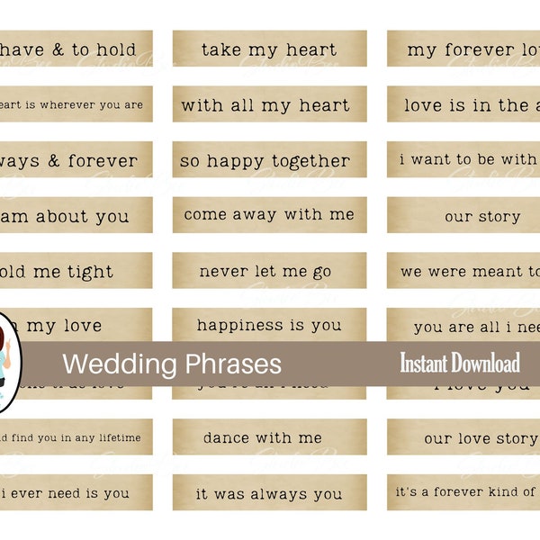 Wedding love phrases | typewriter font | Printable | Junk Journal | Journal phrases | Journal emphemera | word labels | wedding phrases