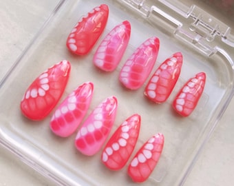 Hot Pink Press on Nails | Custom Hand Painted |  Almond Shaped Nails | Handmade
