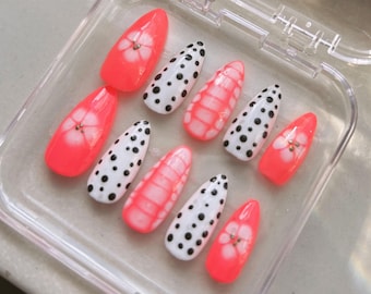 Pink Press on Nails | Custom Hand Painted |  Almond Shaped Nails | Handmade