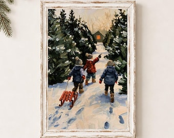 Christmas Sledding Wall Art | Children in Snow Winter Print | Nostalgic Christmas Printable Decor | Digital Download
