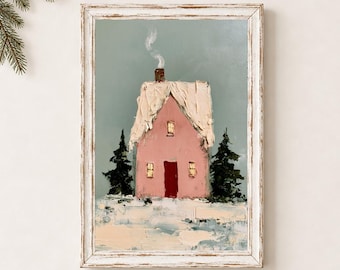 Pink Winter House Wall Art | Snowy Cottage Print | Whimsical Winter Landscape | Cozy Farmhouse Printable | Digital Download