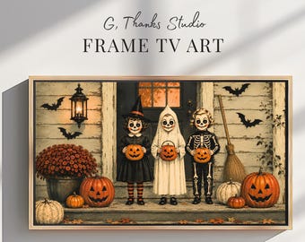 Vintage Trick or Treat Kids Halloween Frame TV Art | Samsung Display Decor | Spooky Porch Pumpkins | Digital Download
