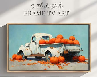 Vintage Pumpkin Truck Frame TV Art | Rustic Farmhouse Fall Decor | White Pickup Autumn Display | Samsung Digital Download