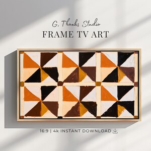 May include: A rectangular digital artwork for a television screen titled G. Thanks Studio FRAME TV ART. The image features a repeating geometric pattern of triangles in shades of orange, brown, black, and cream, presented in a 16:9 aspect ratio.