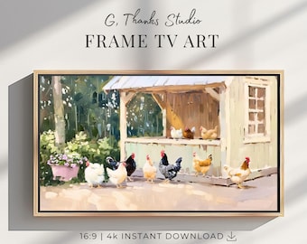 Chicken Coop Frame TV Art | Rustic Farmhouse Digital Painting | Cottage Kitchen Display | Country Hen Artwork | 16:9 Digital Download
