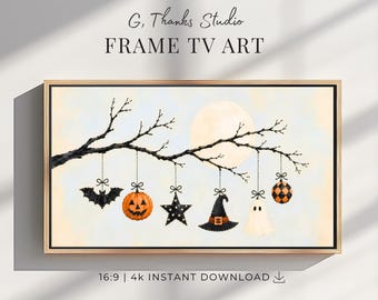 Halloween Samsung Frame TV Art | Haunted Branch Ornaments | Ghost Bat Pumpkin Witch Hat | Neutral Fall Decor | 4K Digital Download