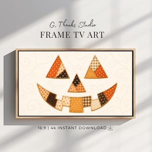 May include: A digital frame TV art file featuring a patchwork jack-o'-lantern face design on a cream background with swirling line patterns. The pumpkin features orange, brown, and black fabric-style textures. Text reads G. Thanks Studio FRAME TV ART.