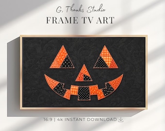 Patchwork Pumpkin Frame TV Art | Quilted Jack O Lantern | Halloween Frame TV Art | Primitive Fall Decor | 4K Digital Download