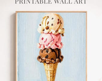 Ice Cream Cone Wall Art Print | Printable Dessert Art | Vintage Food Illustration | Colorful Wall Decor | Instant Download