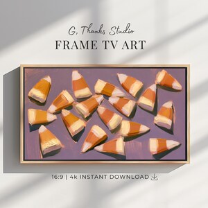 May include: A digital art display for a television screen featuring a pattern of candy corn pieces with orange, yellow, and white segments scattered across a solid purple background. The text G. Thanks Studio FRAME TV ART 16:9 4k INSTANT DOWNLOAD is visible.